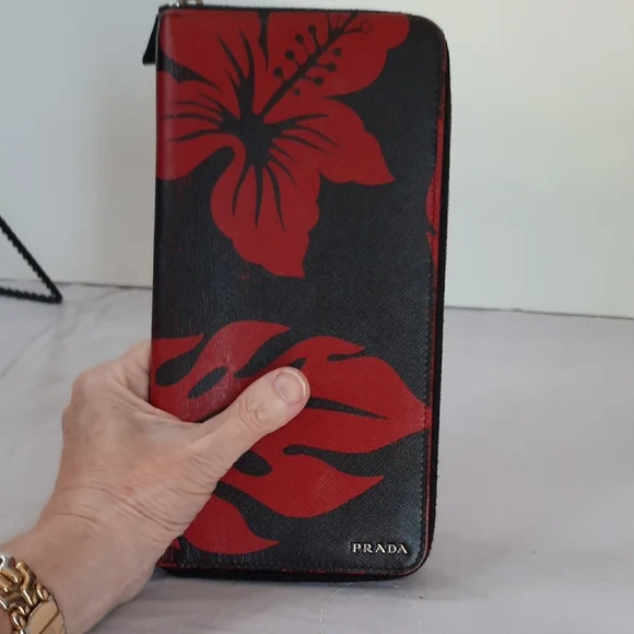 Prada Black and Red Floral Zip Wallet